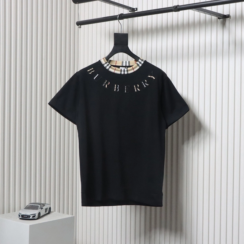 Plaid Collar Stitching Embroidered Letter T-Shirt