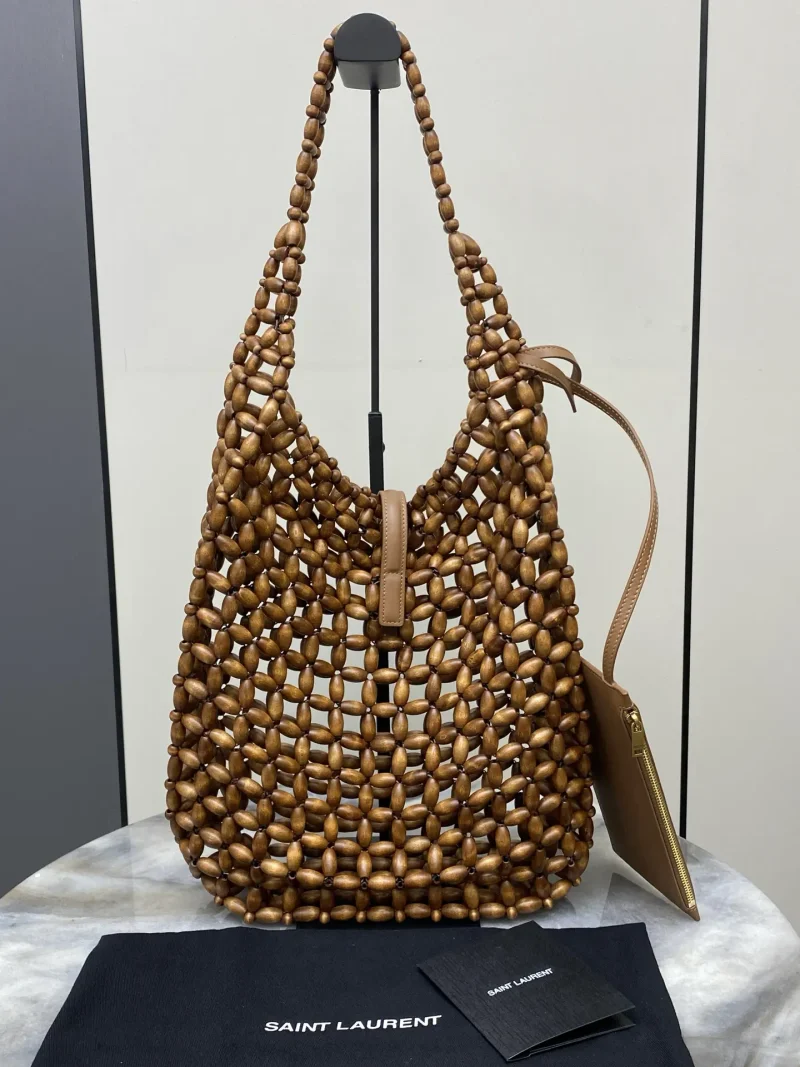Wooden bead woven bag brown/antique gold