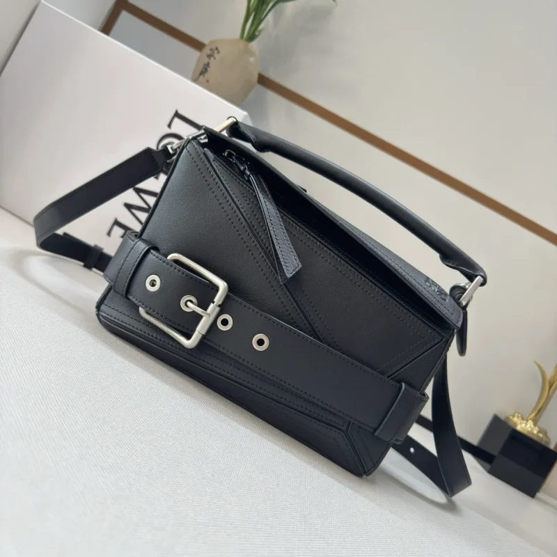 Motorcycle Bag Small Shiny Leather Puzzle Biker Handbag Black 24*10.5*16.5cm