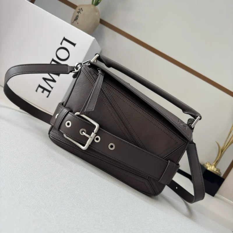 Motorcycle Bag Small Shiny Leather Puzzle Biker Handbag Dark Brown 24*10.5*16.5cm