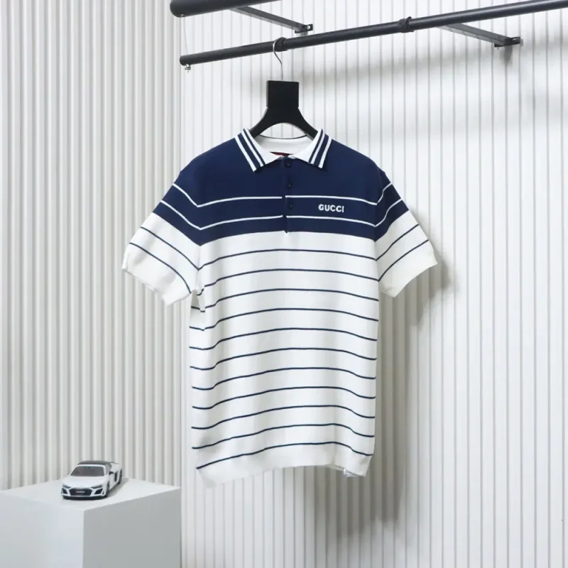 Navy Striped Cotton Polo Shirt