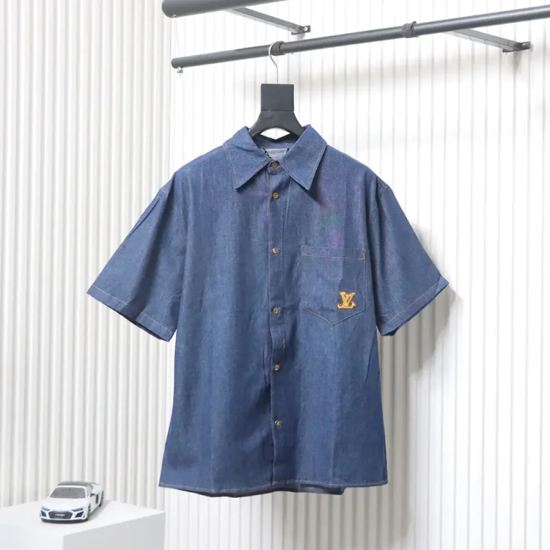Short-Sleeve Denim Shirt with Chest Logo