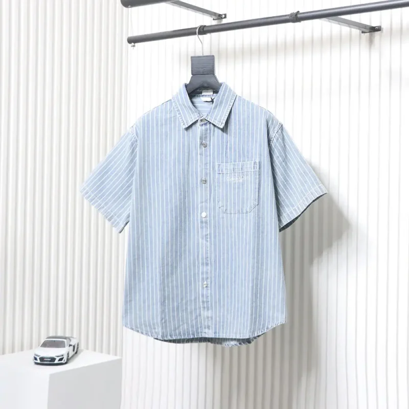 Striped Short-Sleeve Denim Shirt