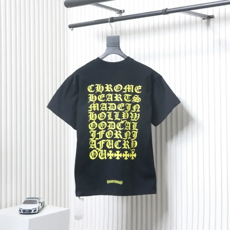 Yellow Gothic Text Back Print Black T-Shirt