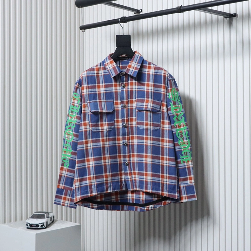 Striped Plaid Patchwork Shirt with Silver Buttons