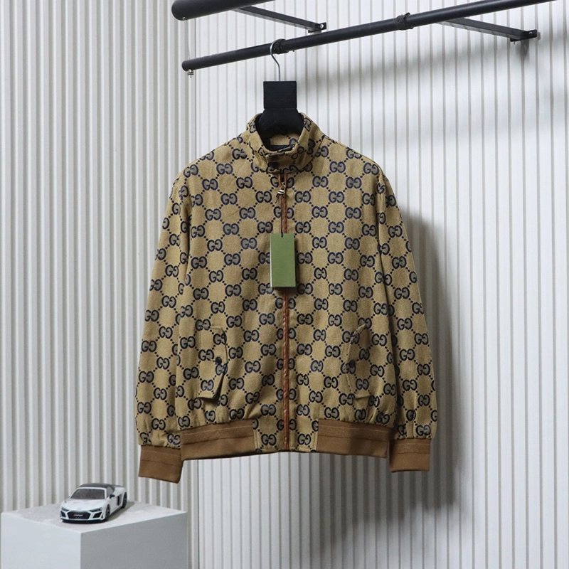 Leather Patchwork Double G All-over Print Canvas Stand-up Collar Jacket