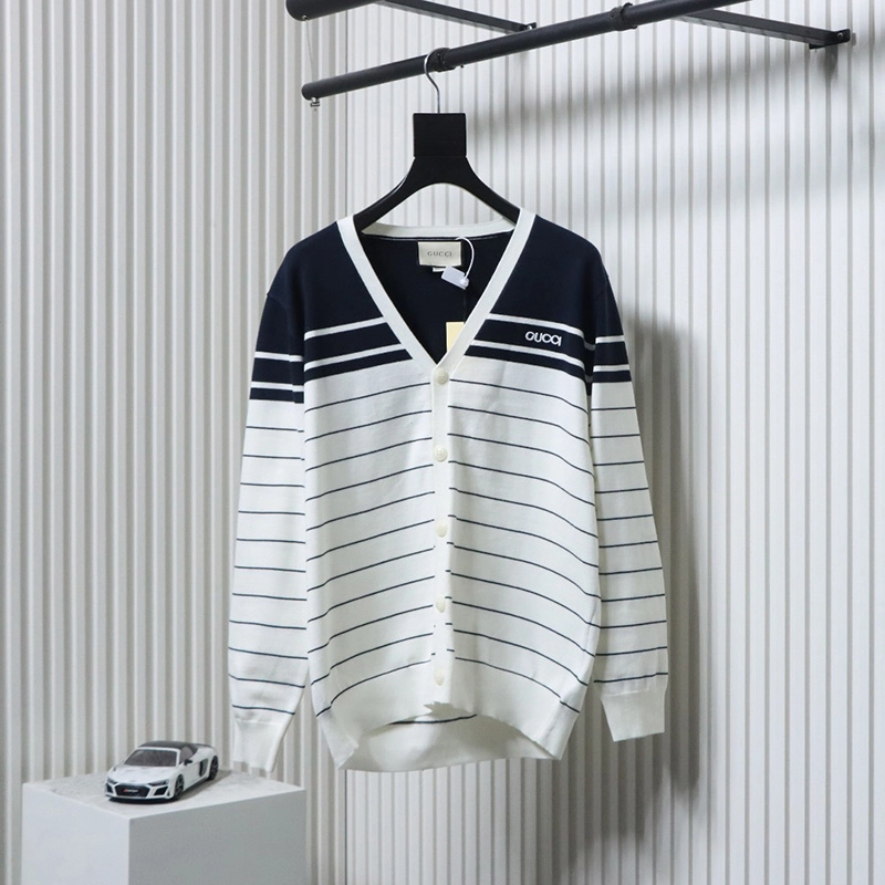 V-Neck Sweater with Embroidered Logo and White Stripes