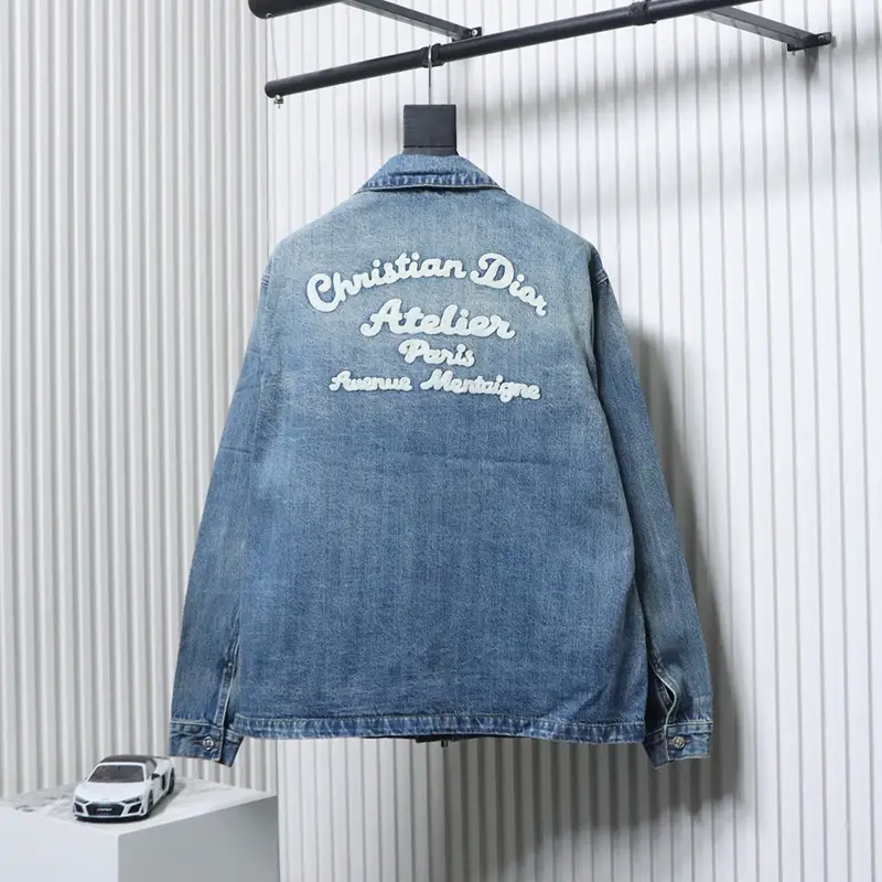 Distressed Logo Embroidered Zipper Denim Jacket