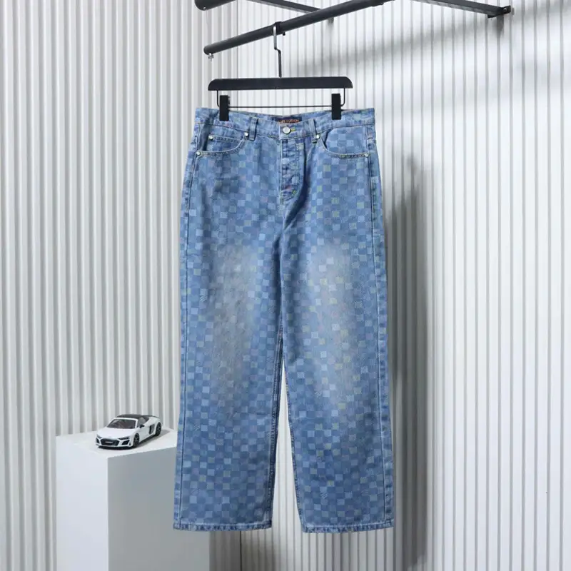 Denim Pants with Multicolored Checkerboard Print