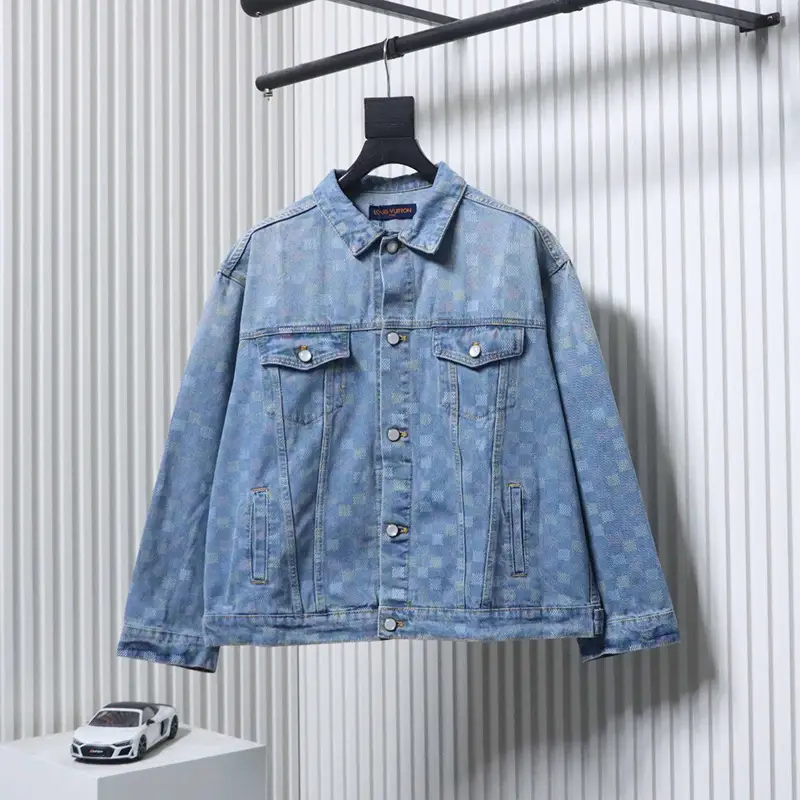 Denim Jacket with Multicolored Checkerboard Print