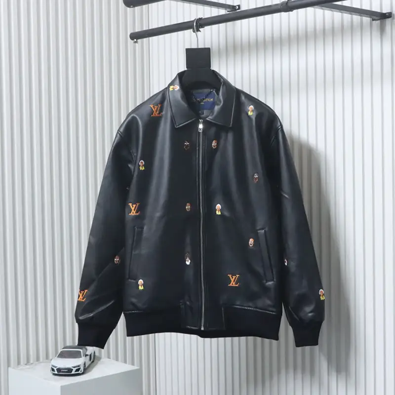 Embroidered Logo Anime Leather Jacket