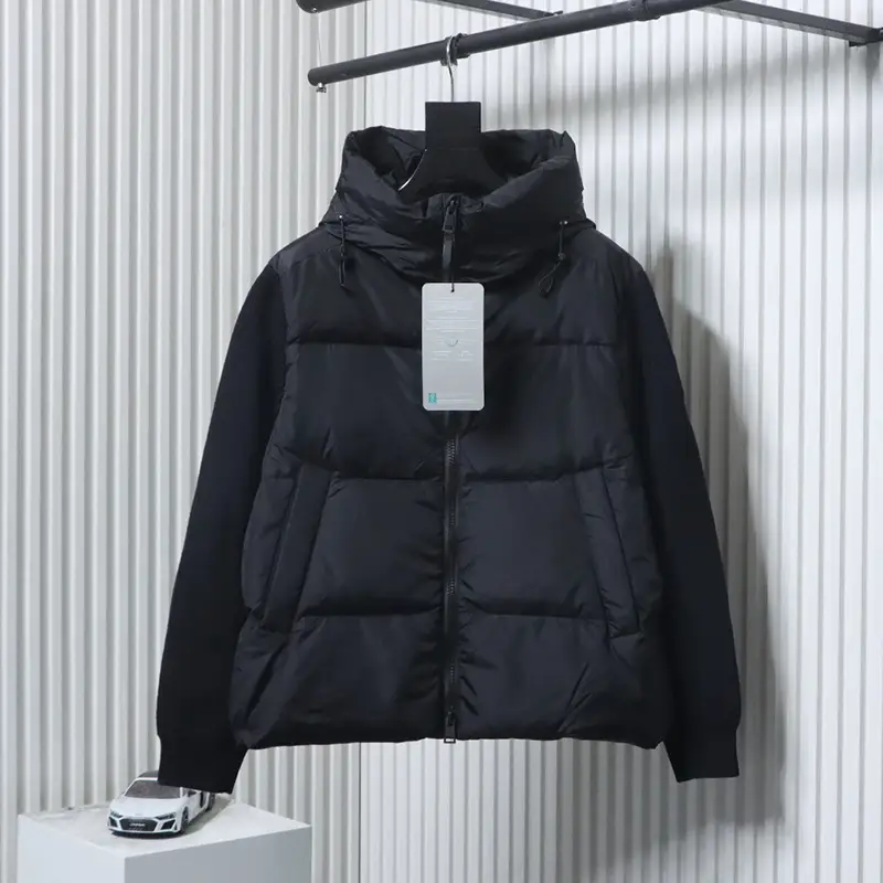 25FW Sleeve Label Knit Patchwork Hooded Down Jacket