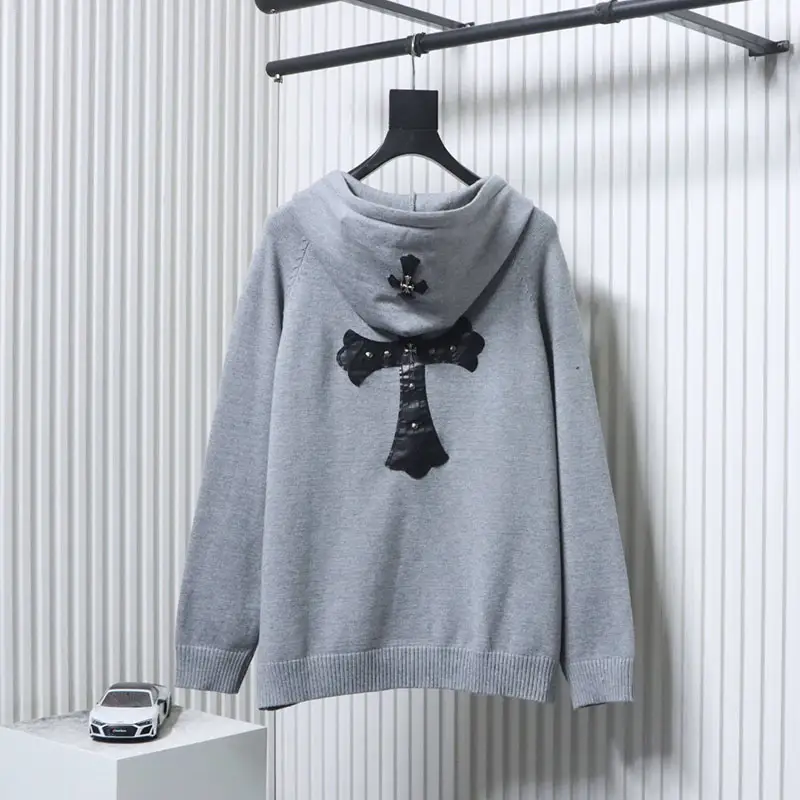 Logo Patch Leather Label Knitted Hooded Sweater