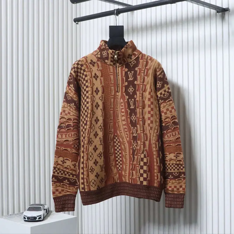 Logo Patchwork Jacquard Ethnic Style Half-Zip Pullover Sweater