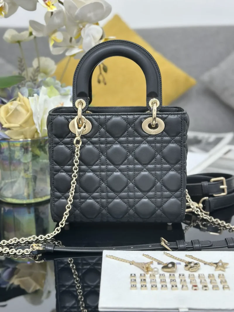 Lady Dior New Four-Compartment Lambskin Leather Chain Handbag, Black. Dimensions: 20 x 17 x 8 cm