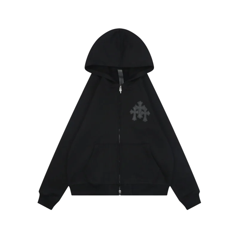 Cross Patch Leather Cotton Fleece Hoodie Jacket
