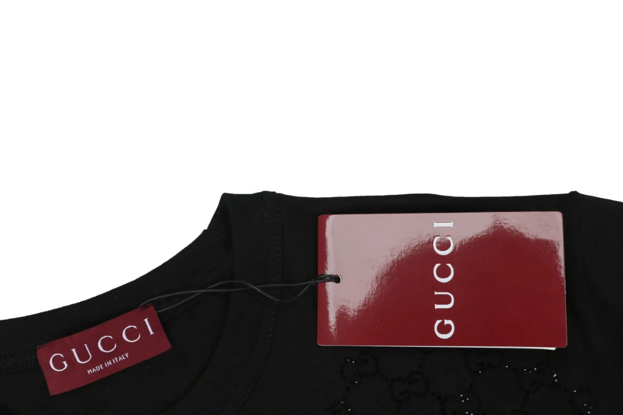 Gradient Crystal Double G Cotton T-Shirt - Neckline and Tag