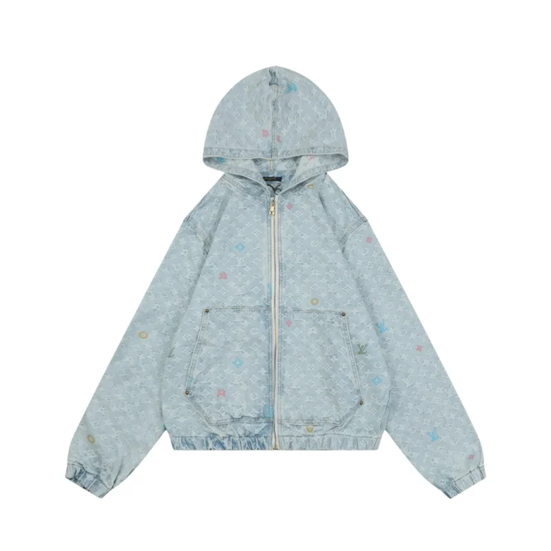 Multicolor Monogram Denim Zip Washed Streetwear Jacket