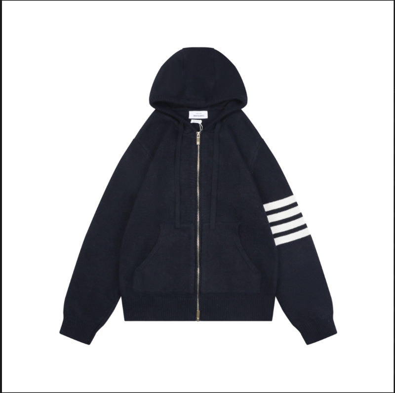 Navy hooded zip-up knit jacket with four white sleeve stripes