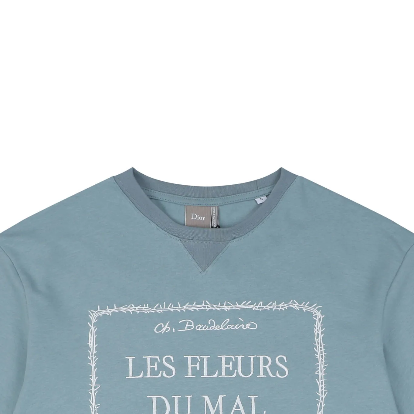 Thorn Poetry Embroidery Cotton T-Shirt - Light Blue - Close up