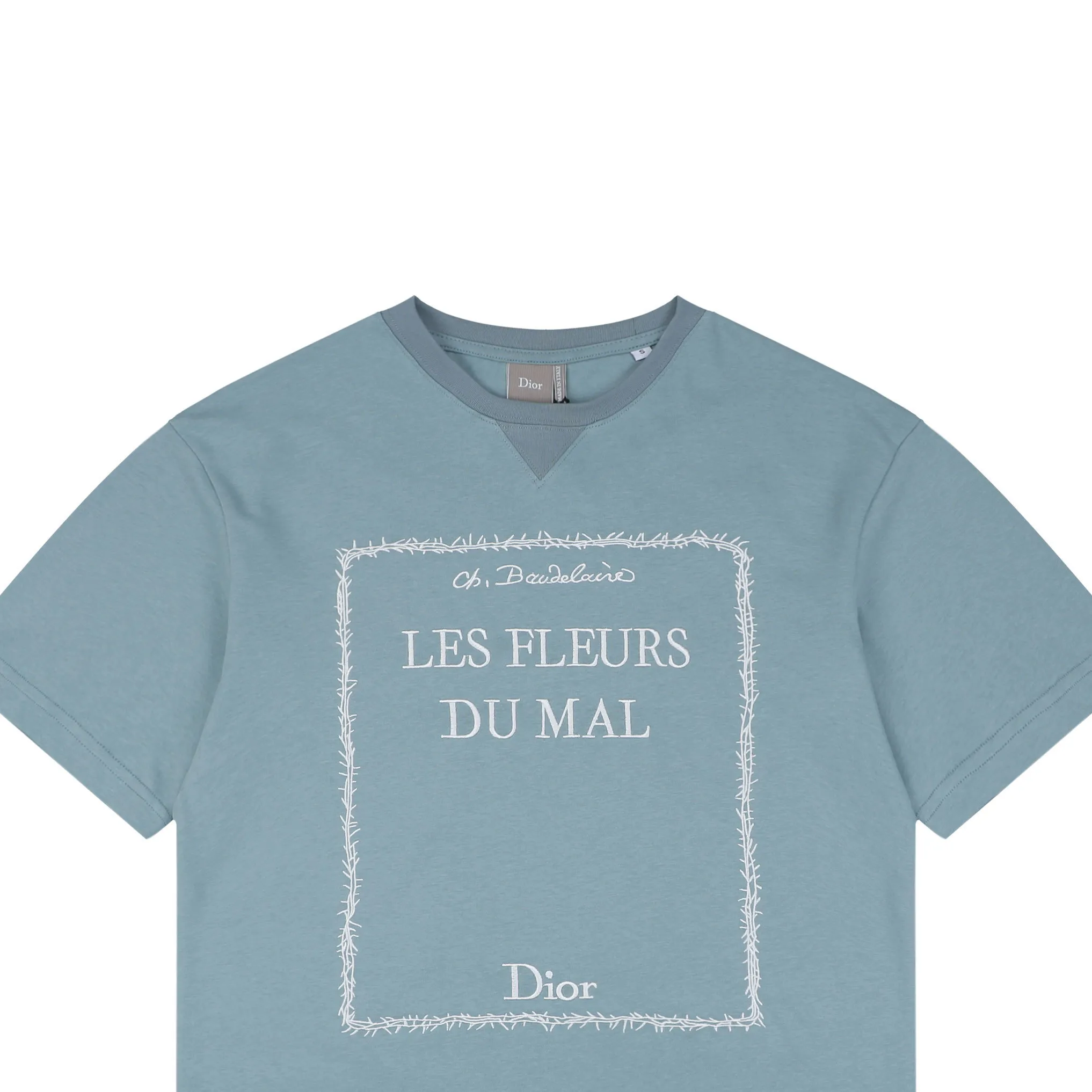 Thorn Poetry Embroidery Cotton T-Shirt - Light Blue - Details