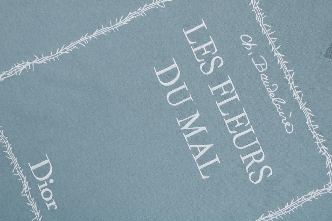 Thorn Poetry Embroidery Cotton T-Shirt - Light Blue - Logo 1