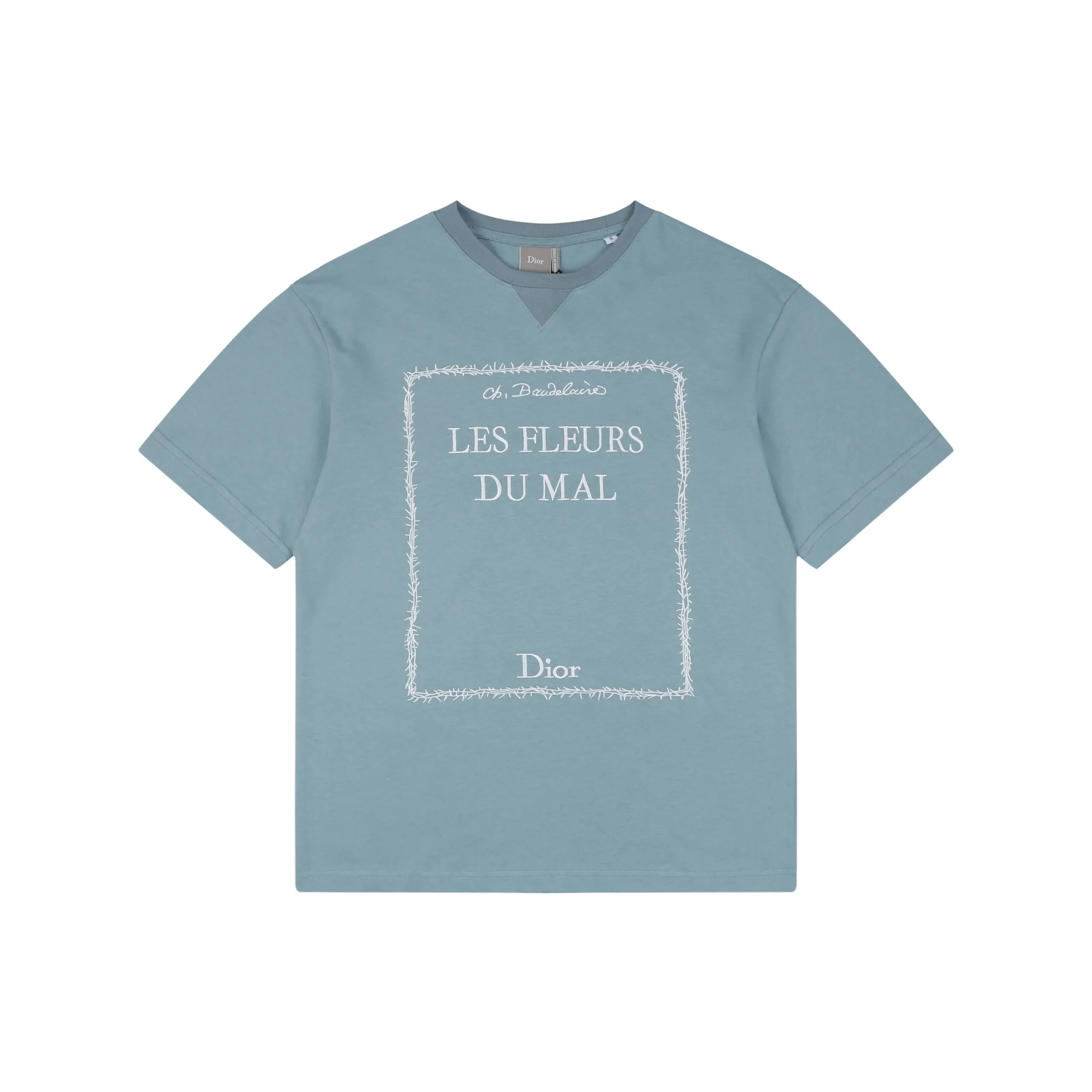 Thorn Poetry Embroidery Cotton T-Shirt - Light Blue