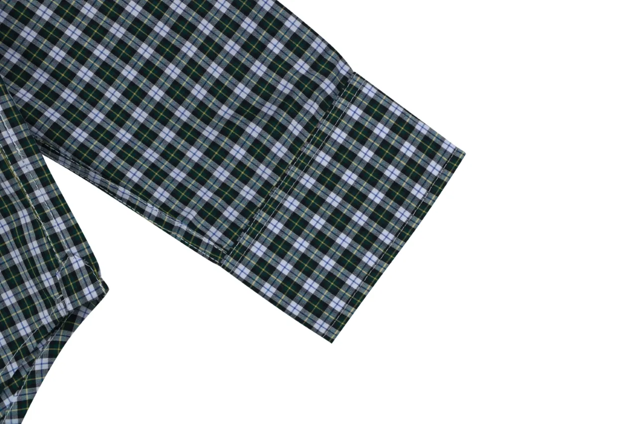 Green Check Poplin Embroidered Long Sleeve Shirt - Sleeve Cuff