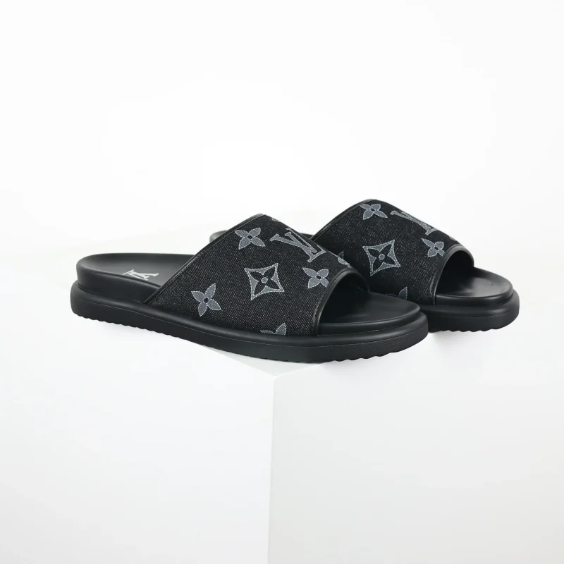 Miami Mule sandals, denim embossing, buckle, round toe, men's black