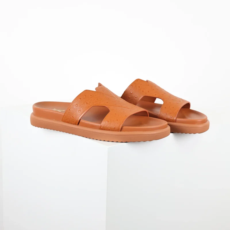 Oasis series, flat ostrich leather mules for men, brown
