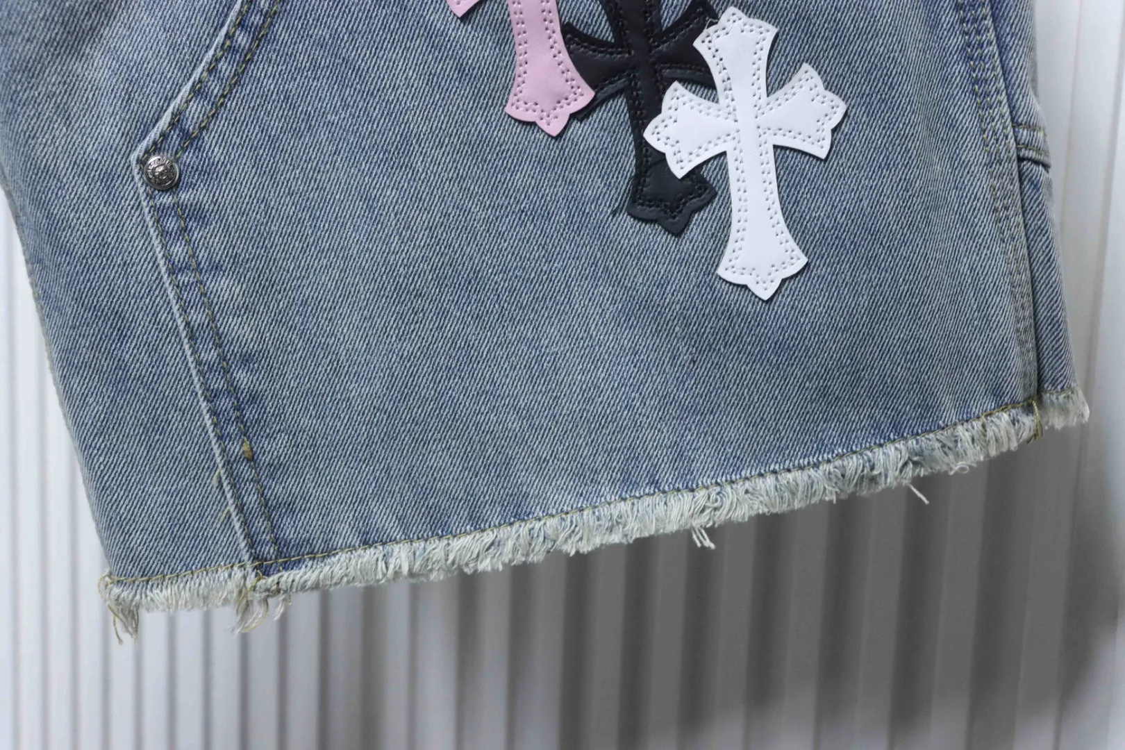 Cross Leather Patch Denim Shorts - Bottom Hem