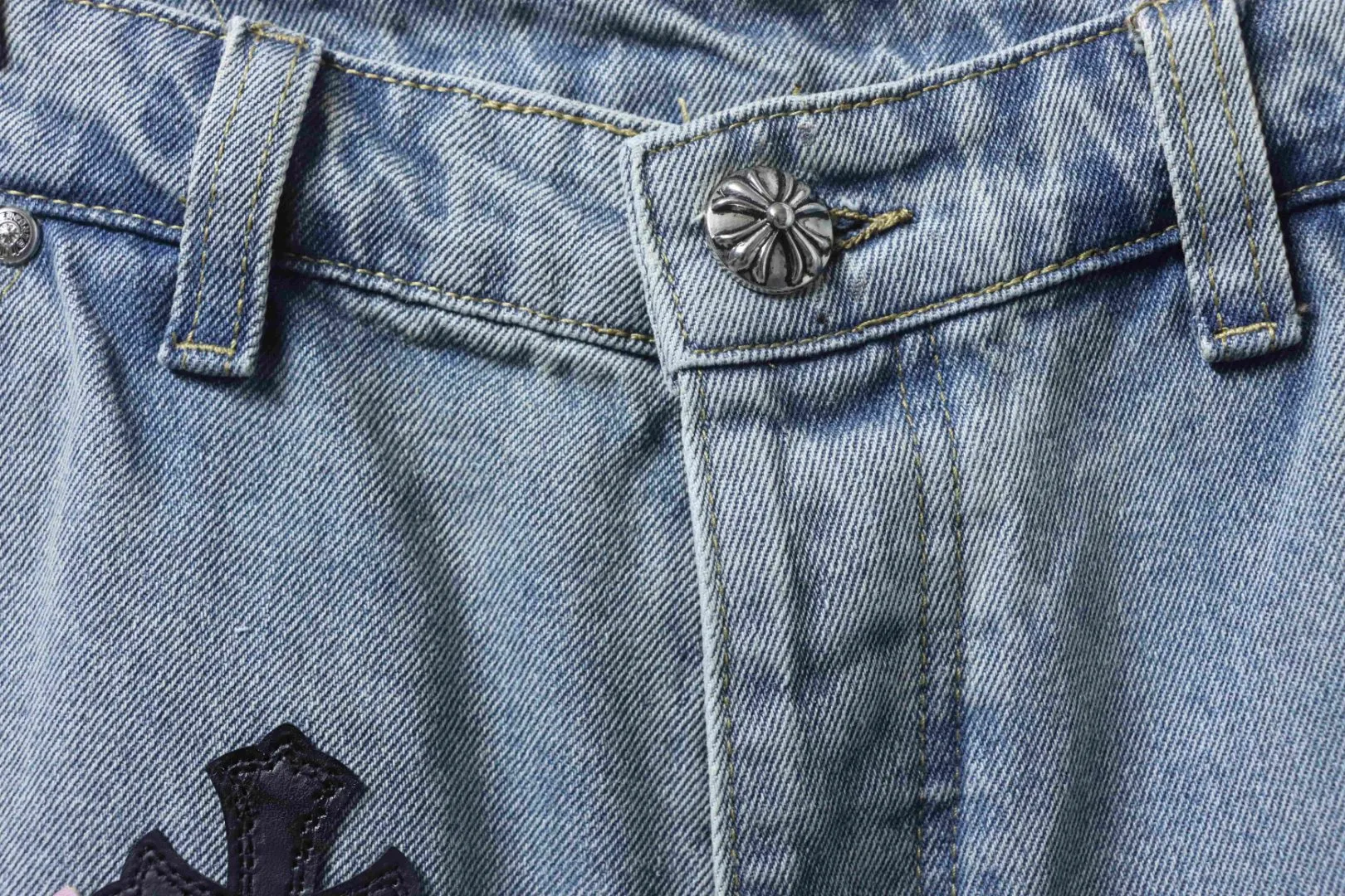 Cross Leather Patch Denim Shorts - Buttons