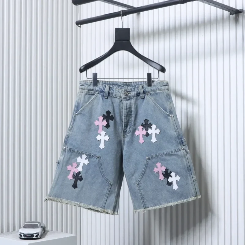 Cross Leather Patch Denim Shorts
