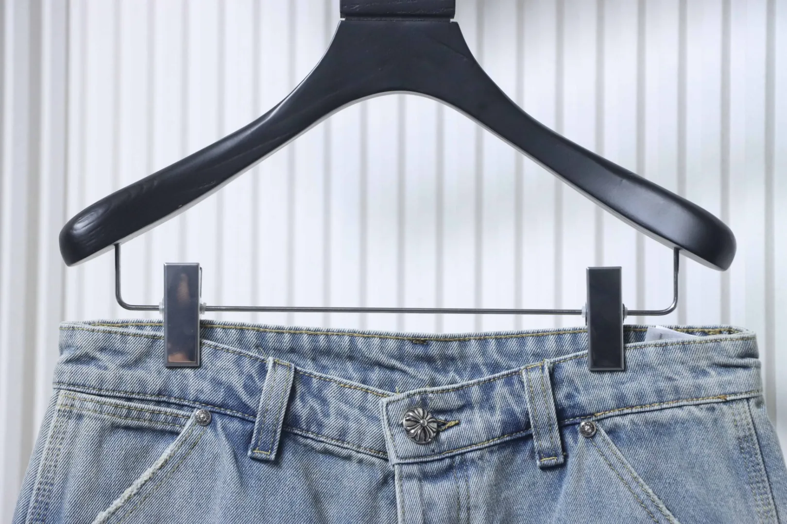 Cross Leather Patch Denim Shorts - Front Waistline