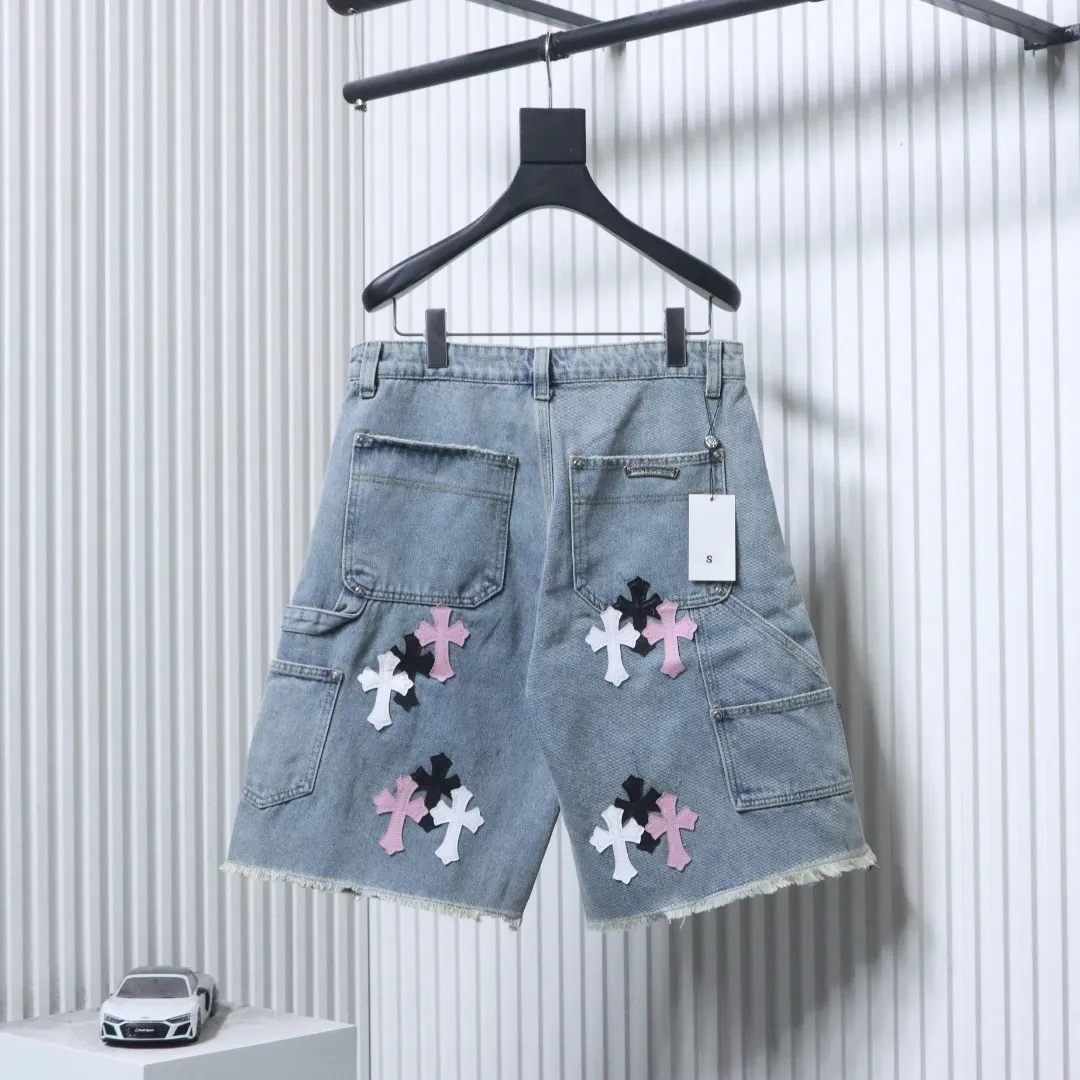 Cross Leather Patch Denim Shorts - Rear