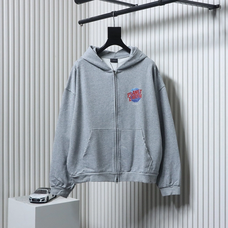 Logo Earth Print Distressed Zip-up Jacket