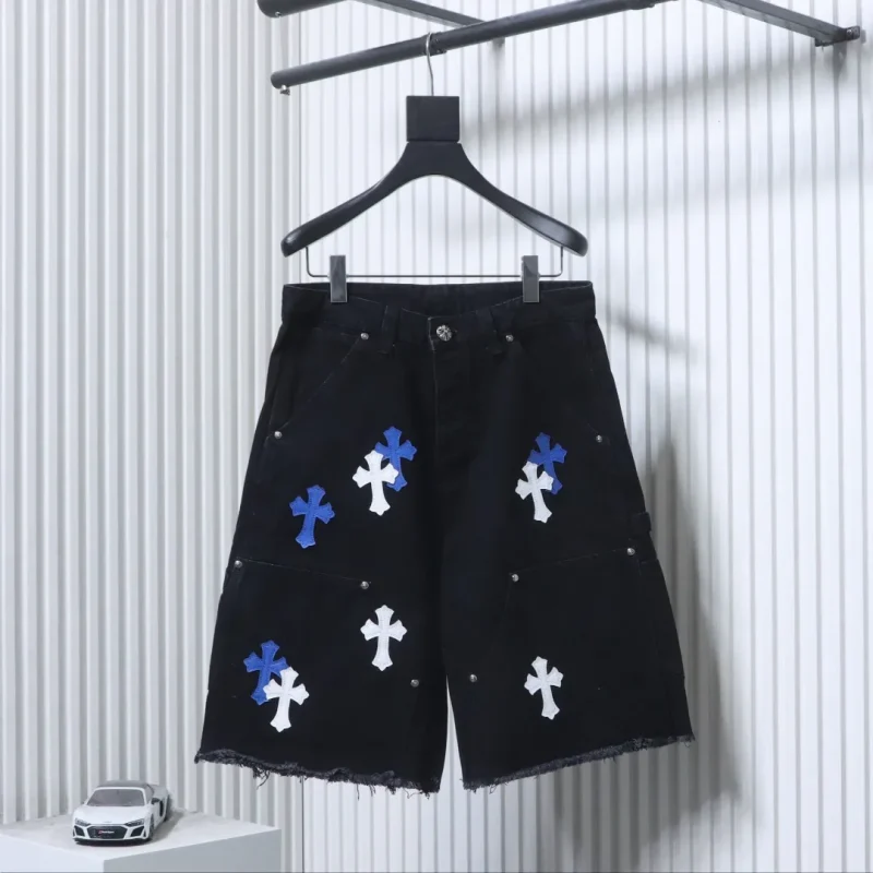 Multi Cross Patch Raw Hem Denim Shorts