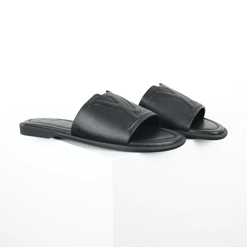 Portofion cowhide leather slippers men's black