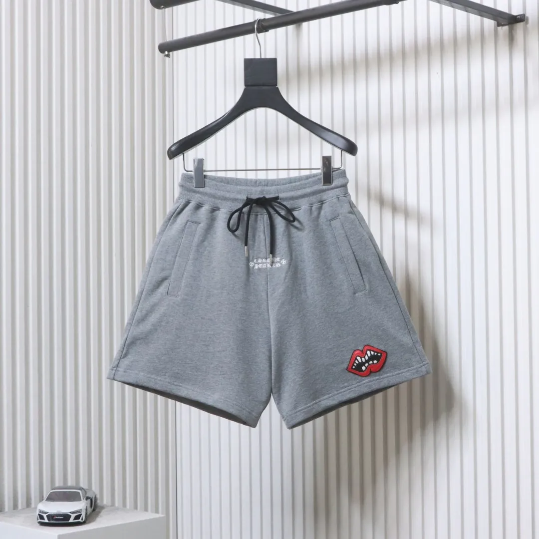 Red Mouth Embroidered Shorts - Front Gray