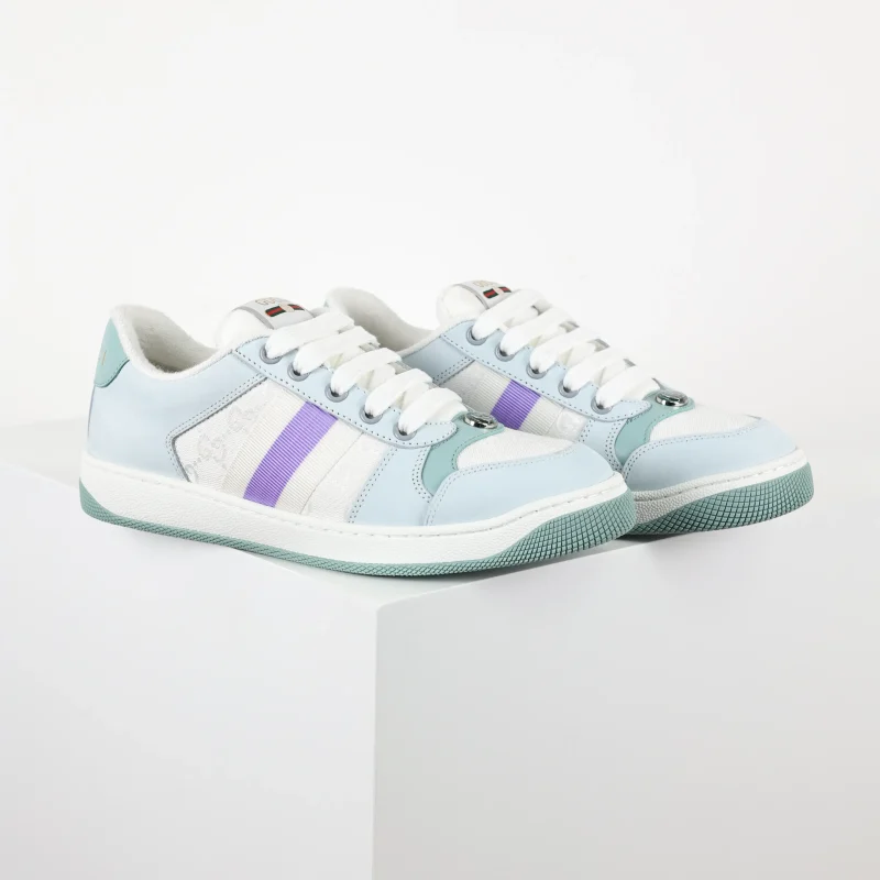 Screener Sporty Casual Luxury Collection GG Enamel Buckle Distressed Sneakers in "Smoky Blue"