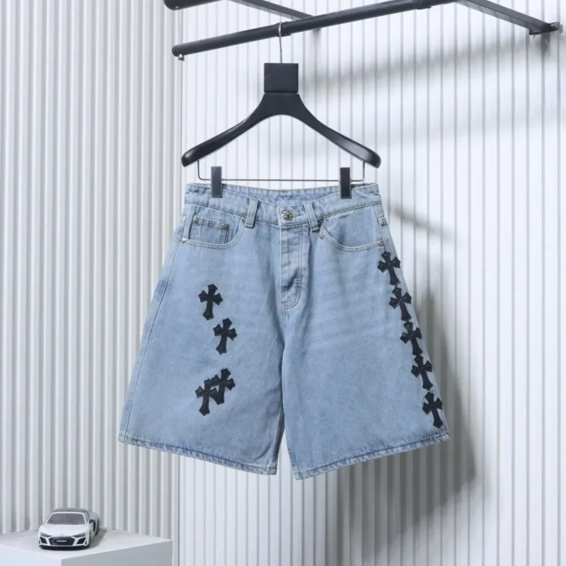 Side Cross Embroidered Denim Shorts