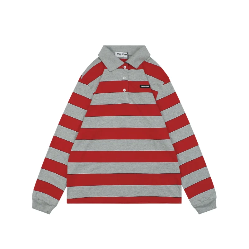 Small Logo Red and Gray Striped Long-Sleeve Polo Shirt