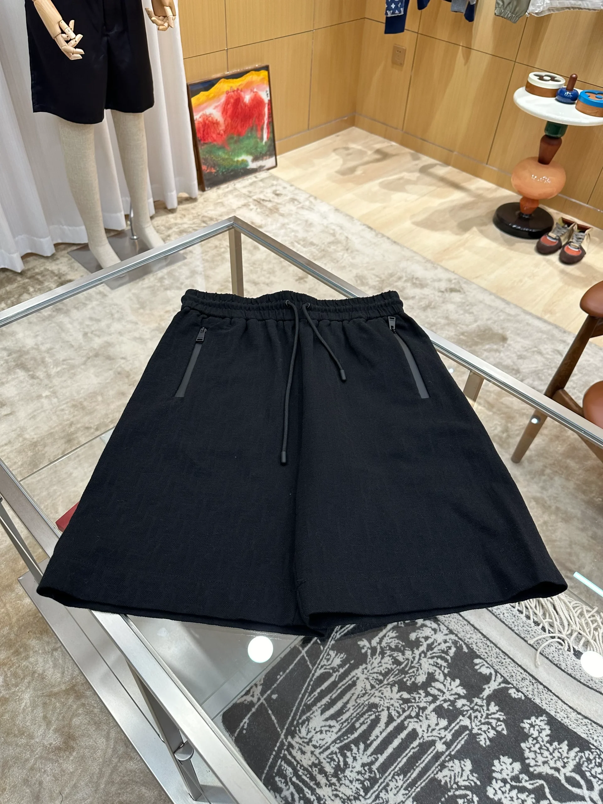 Textured Casual Shorts with Zipper Pockets - Front View Horizontal