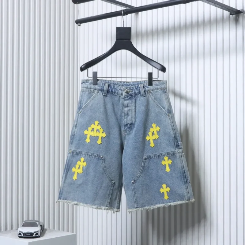 Yellow Cross Washed Denim Shorts