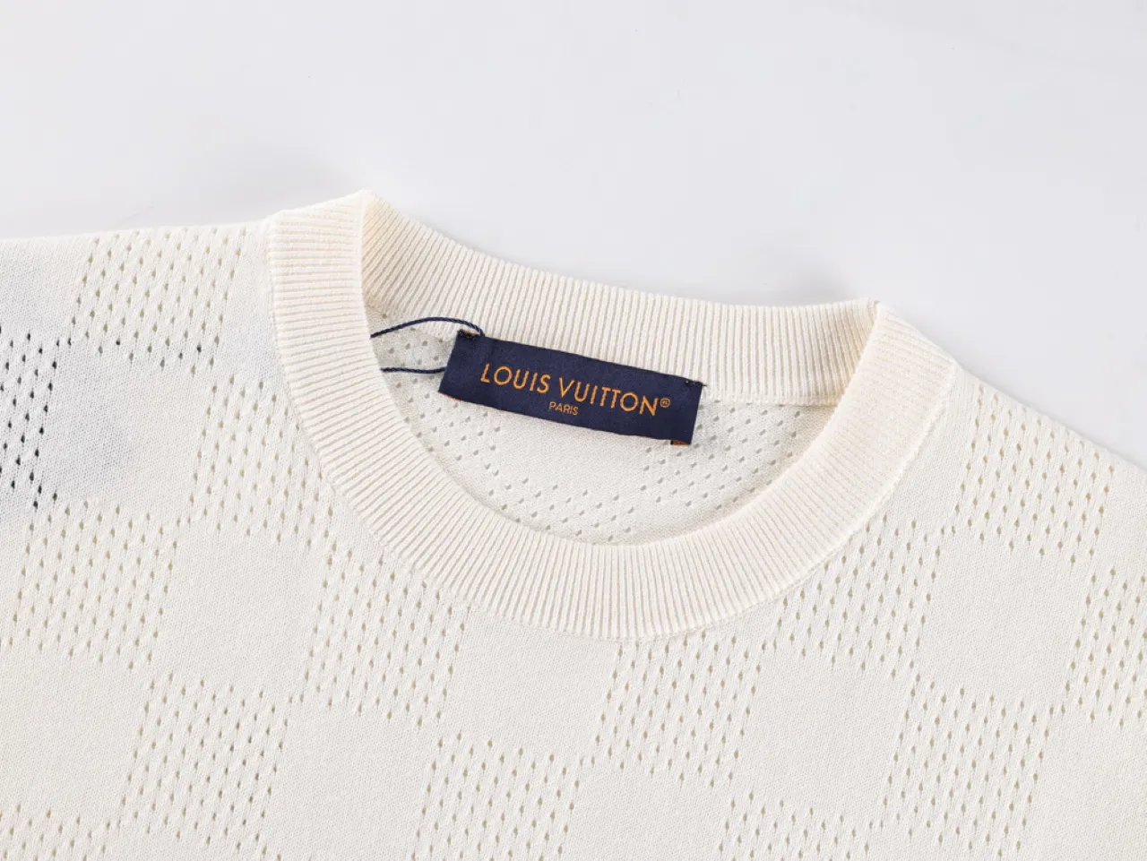 Checkered Openwork Knit T-Shirt - Neckline