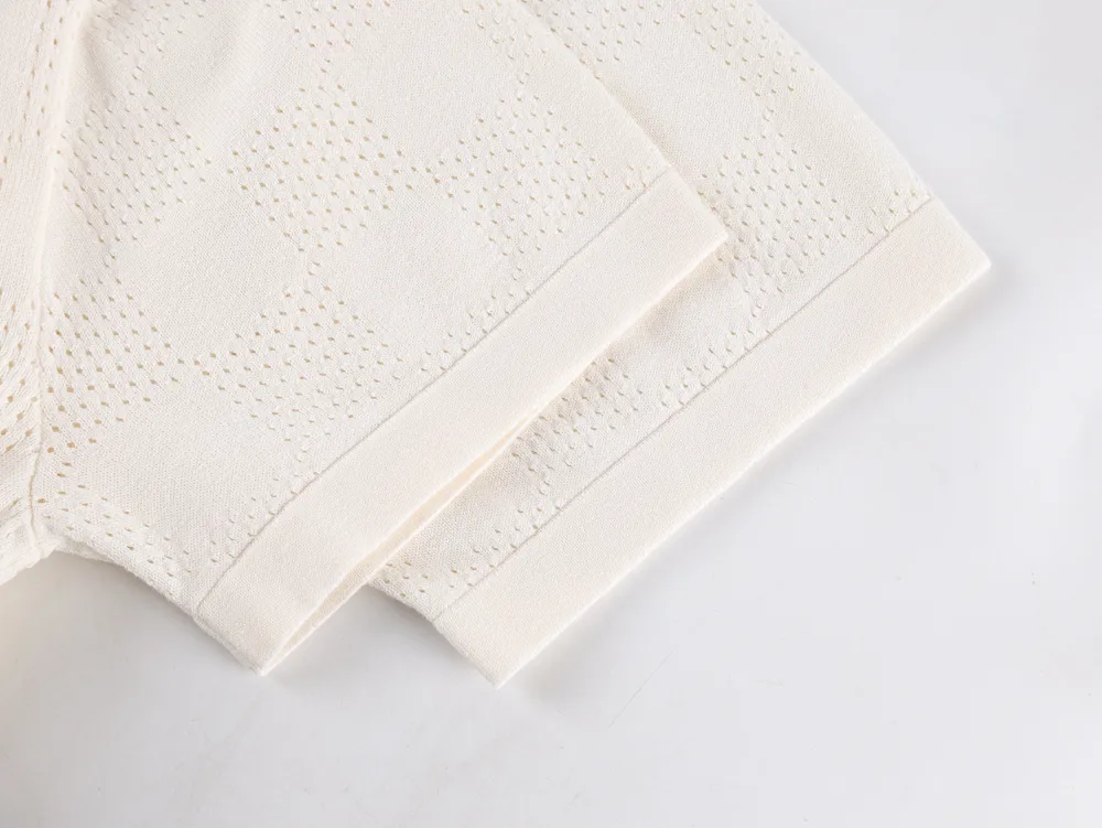 Checkered Openwork Knit T-Shirt - Short Sleeve
