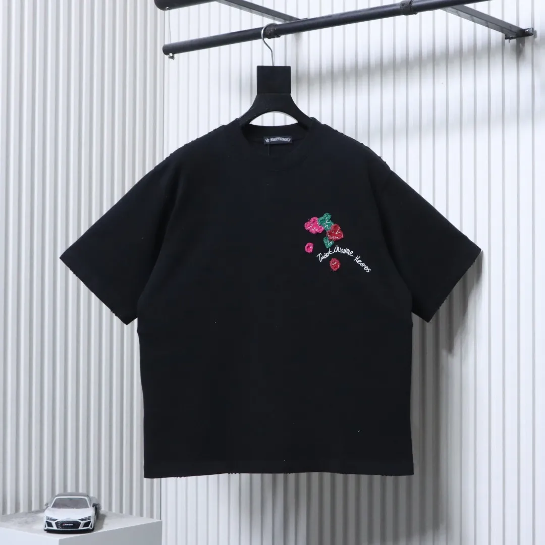 Floral Appliqué Embroidered T-Shirt - Front View Black