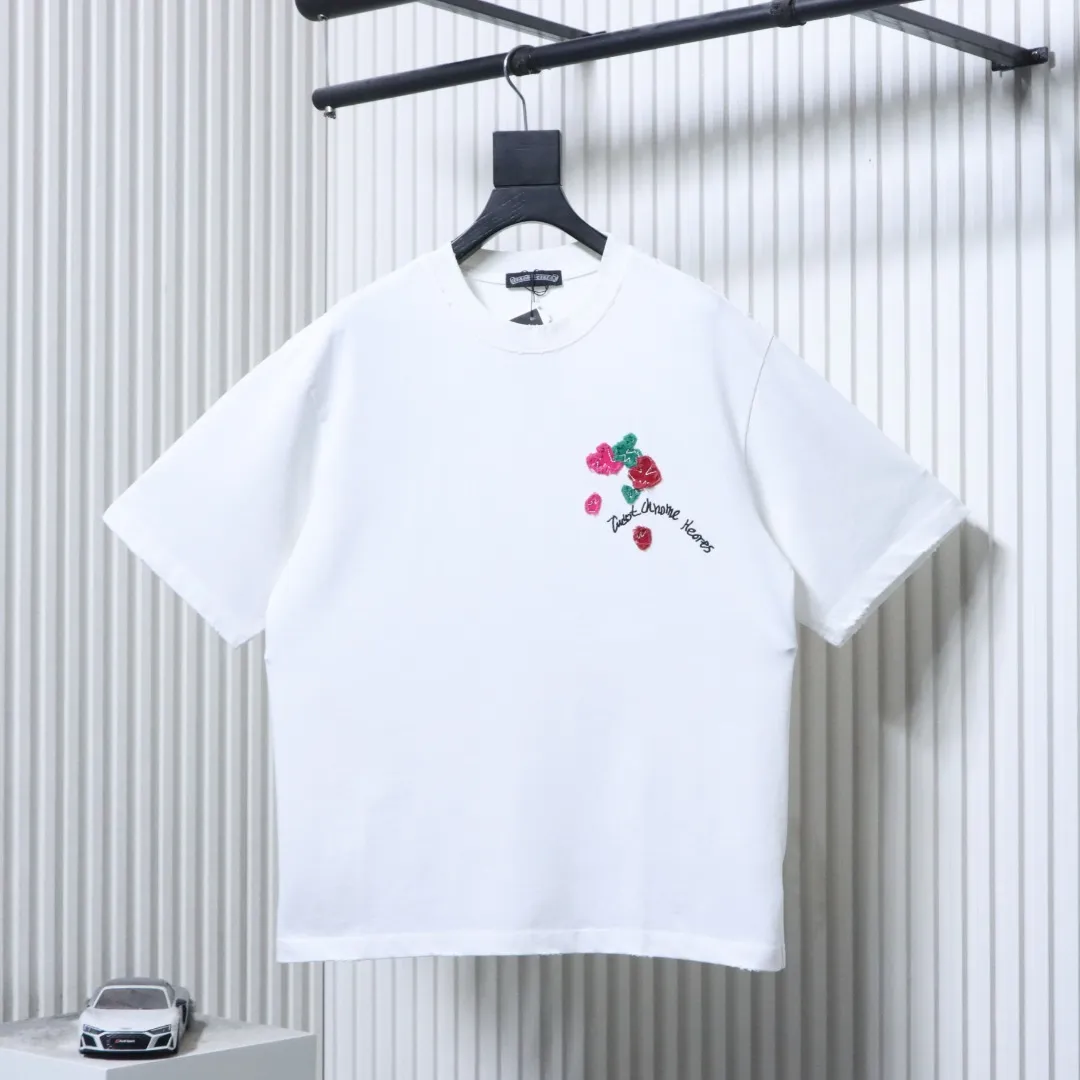 Floral Appliqué Embroidered T-Shirt - Front View White