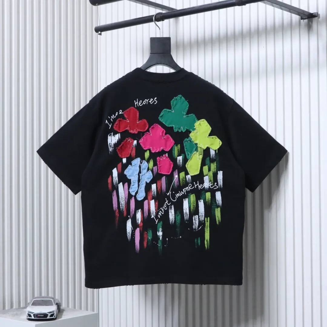 Floral Appliqué Embroidered T-Shirt - Rear View Black