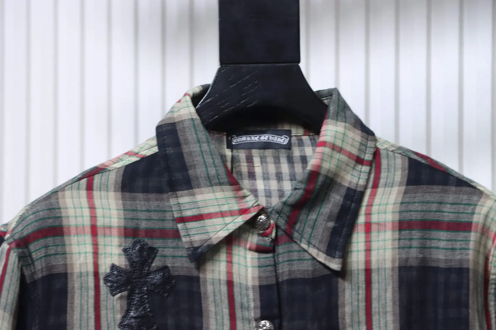 Leather Cross Patch Plaid Long Sleeve T-Shirt - Buttons